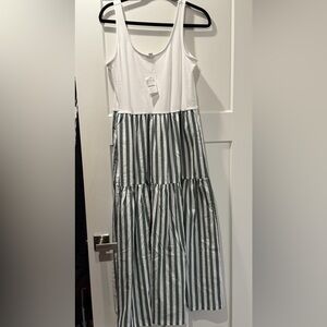 NWT! J. Crew, medium dress with green and white stripe, white tank